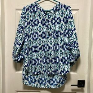 Amanda Green |Blue/White| Patterned |Long Sleeve |1/2 Button up |Blouse |Size L